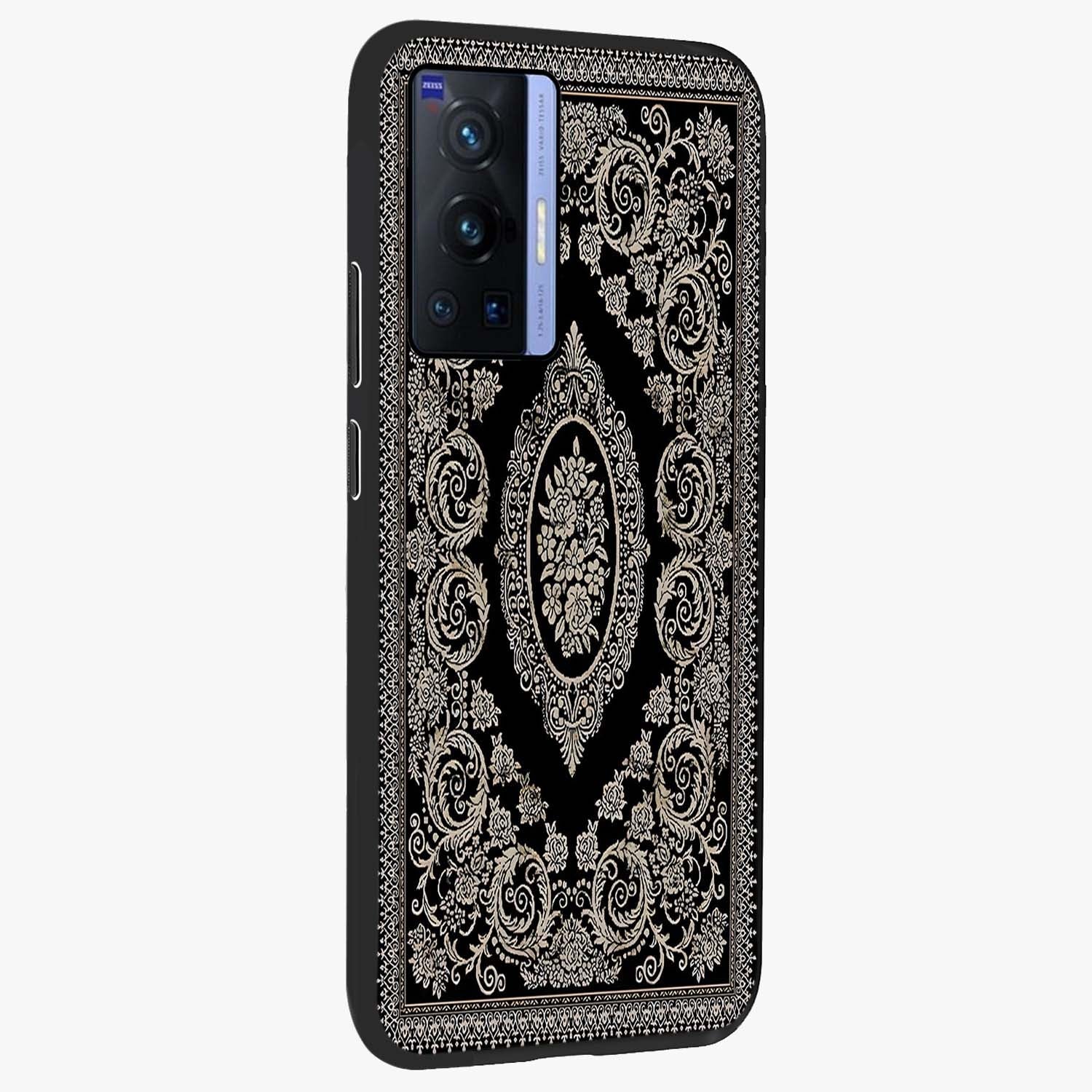 Noir Bloom Elegance Glass Case upright view showcasing graceful floral artwork with luxurious dark theme.