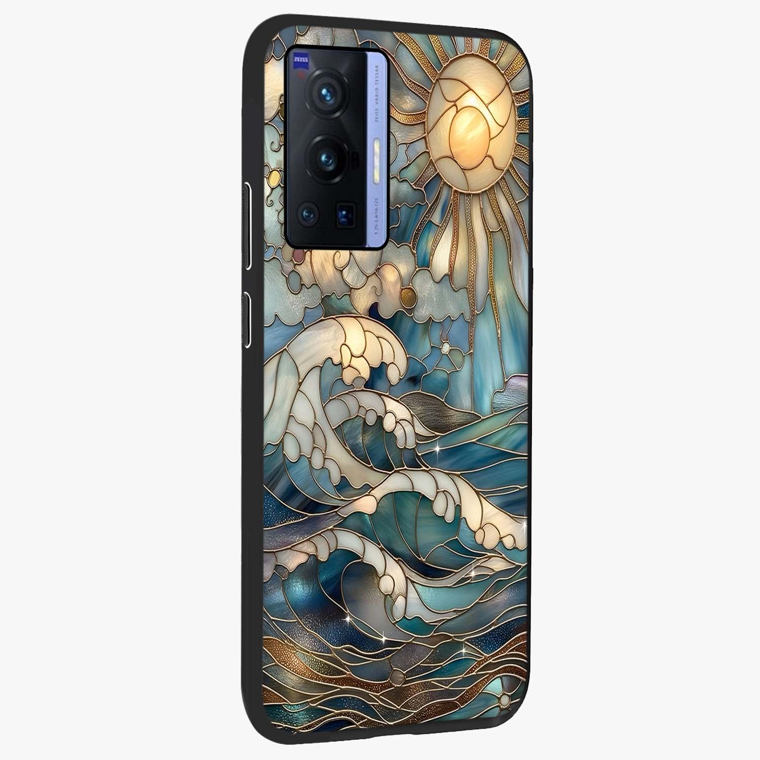 Oceanic Stained Printed Glass Case upright view showcasing decorative ocean pattern artwork with vibrant marine theme.