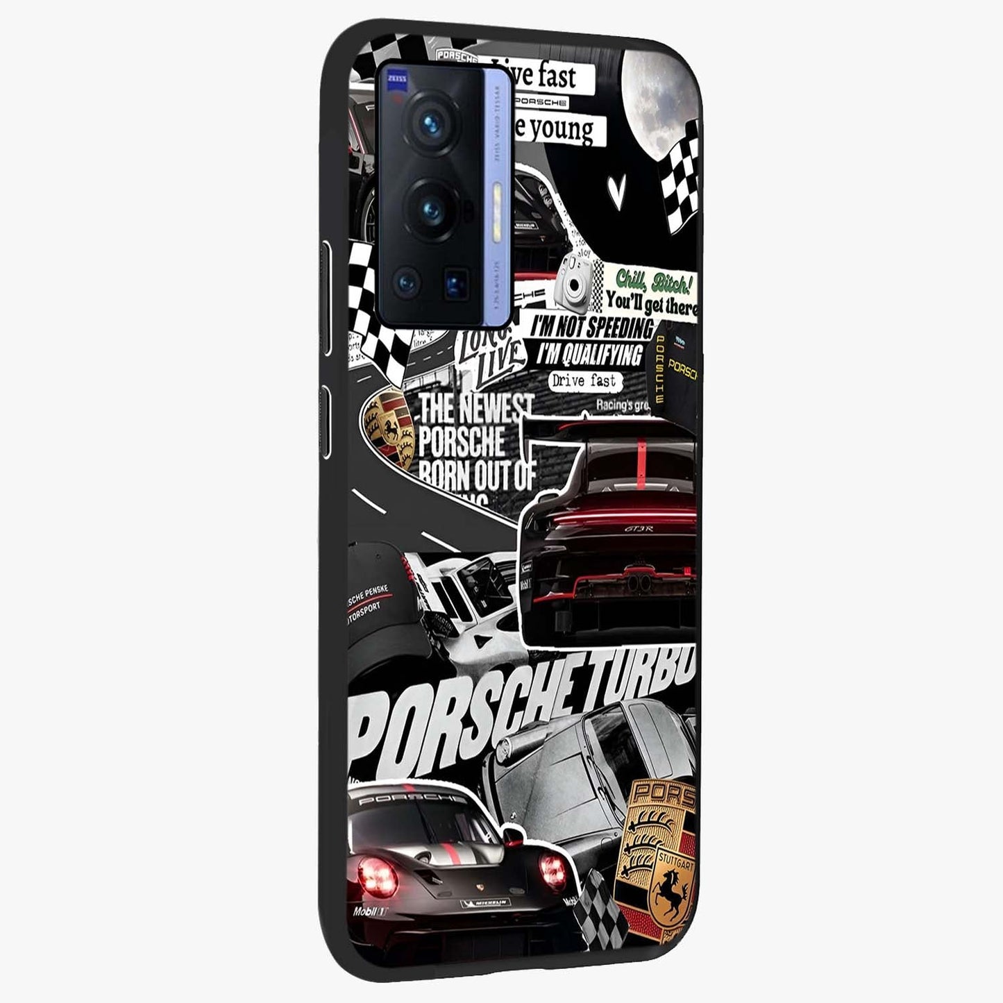 Porsche Racing Collage Glass Case upright view showcasing energetic car collage artwork with high speed racing theme.