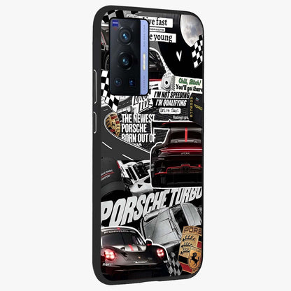 Porsche Racing Collage Glass Case upright view showcasing energetic car collage artwork with high speed racing theme.