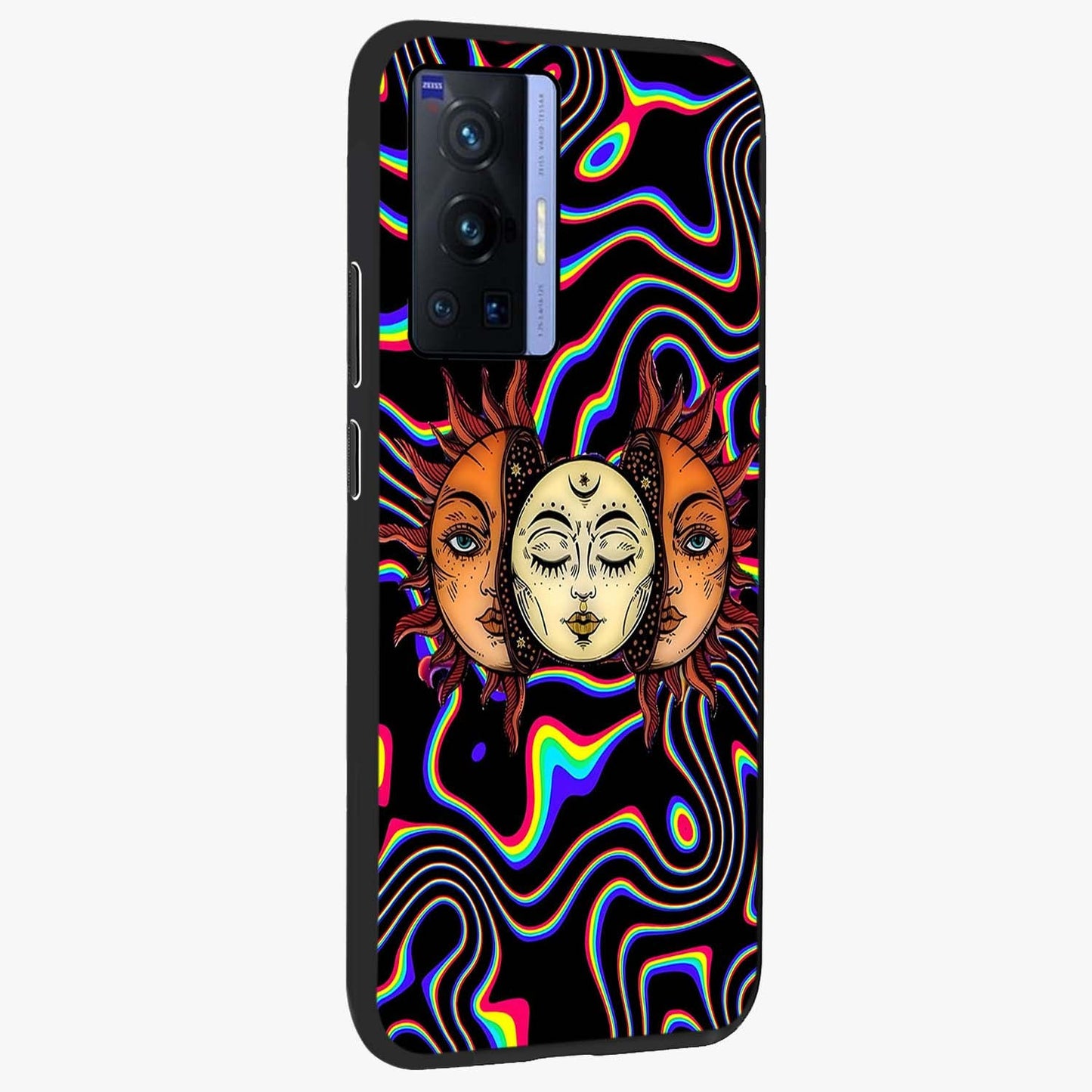 Psychedelic Sun Glass Case upright view showcasing trippy sun artwork with bold psychedelic theme.