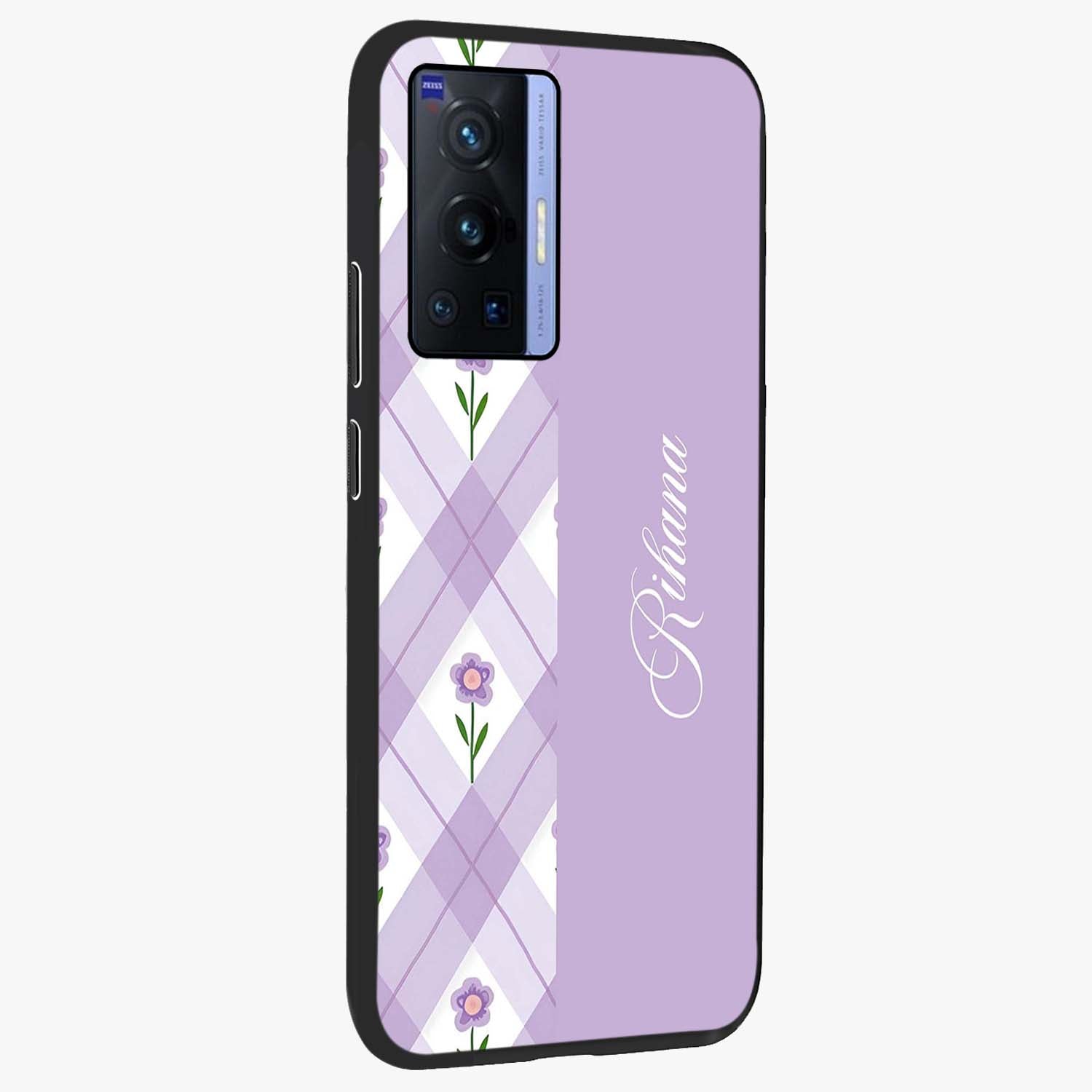 Purple Diamond Floral Glass Case upright view showcasing vibrant floral artwork with stylish geometric theme.