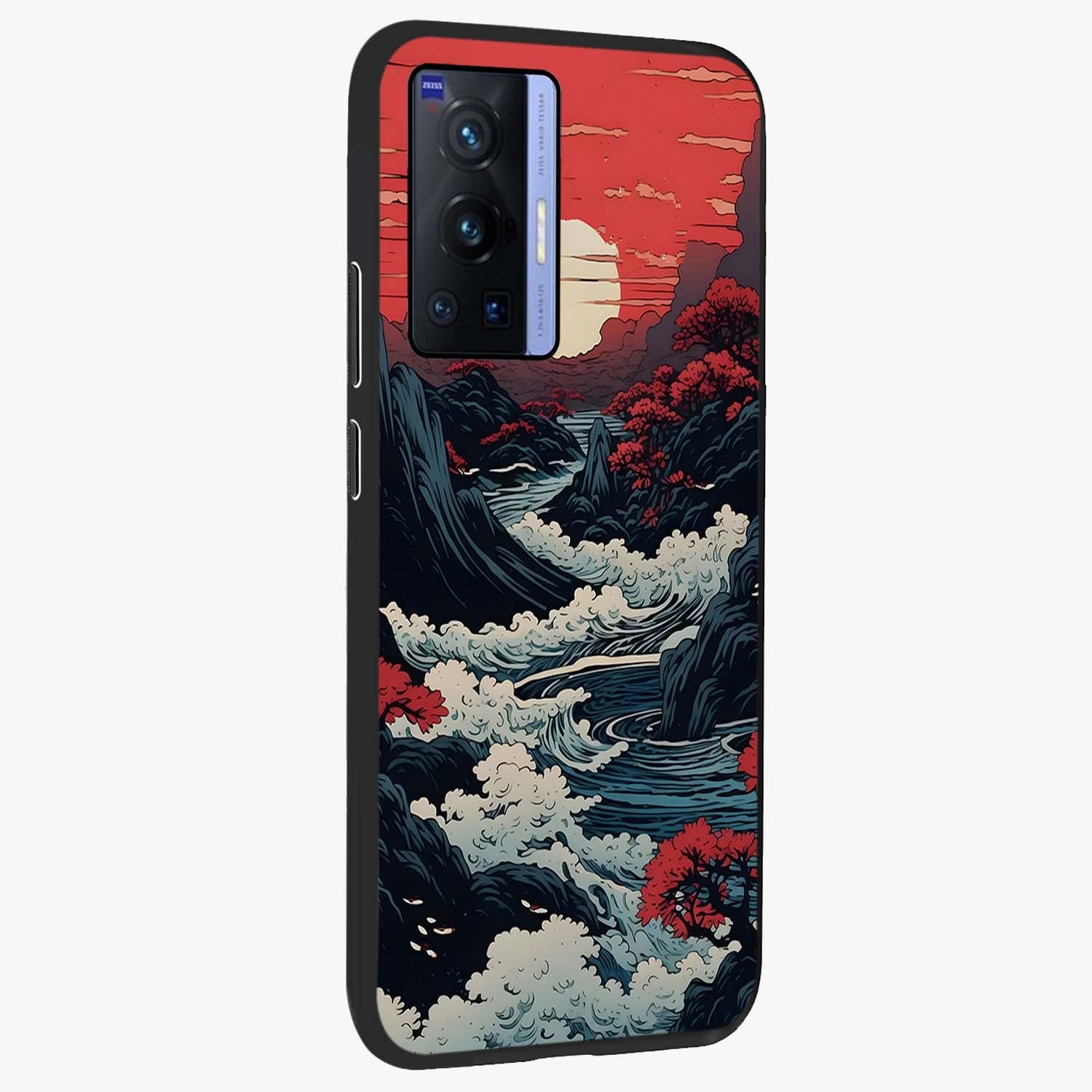 Red Sunset Scenery Glass Case upright view showcasing dramatic sunset scenery artwork with warm nature theme.