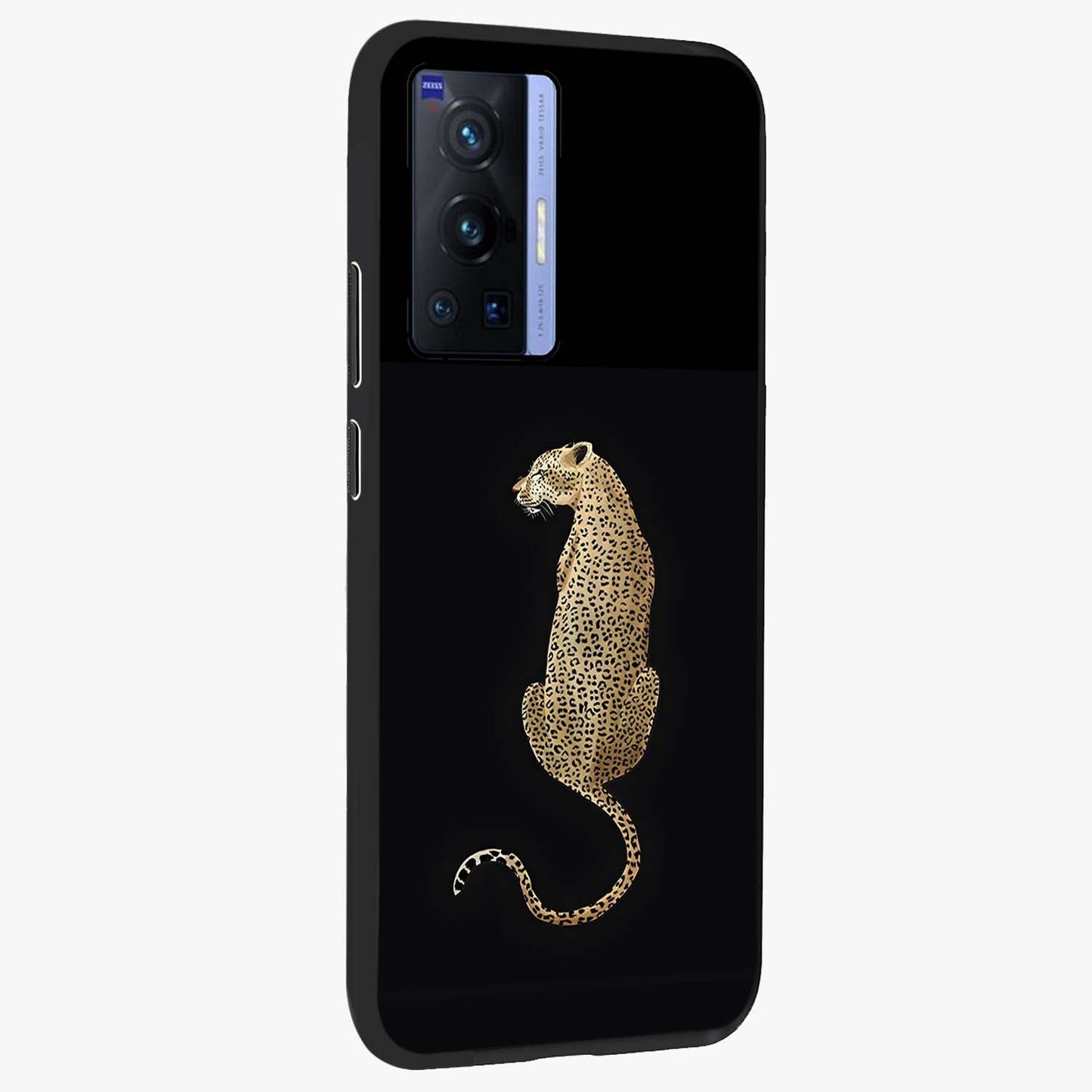 Regal Leopard Glass Case upright view showcasing striking leopard artwork with fierce wildlife theme.