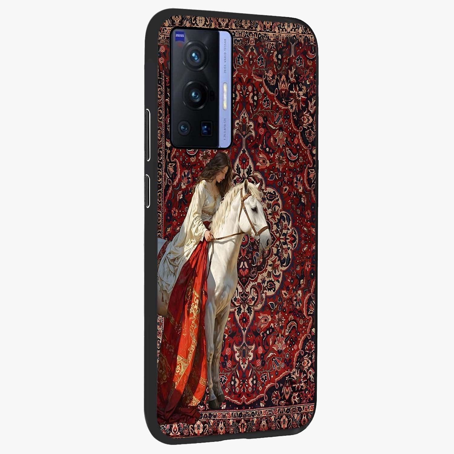 Royal Rider Tapestry Glass Case upright view showcasing detailed rider artwork with classic tapestry theme.