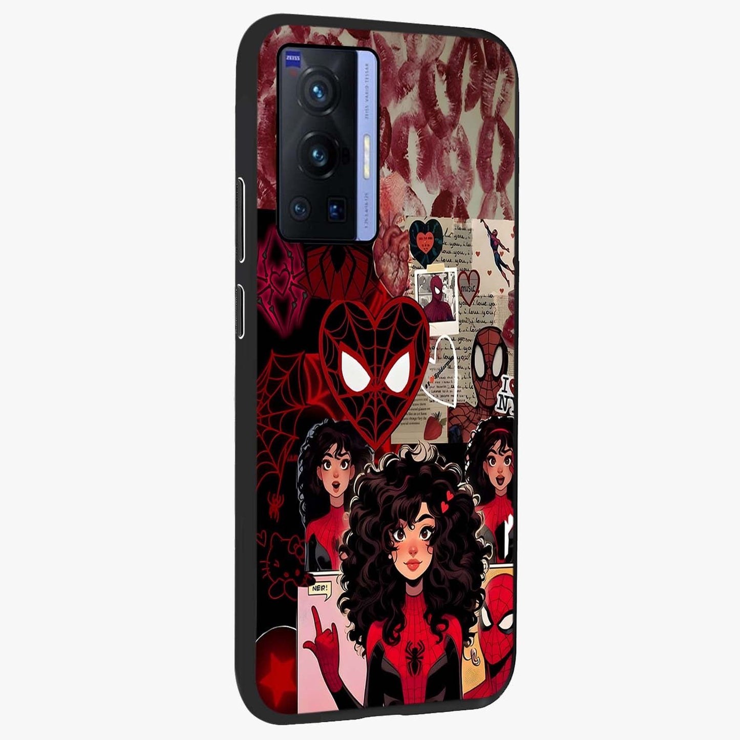 Spider Love Story Glass Case upright view showcasing charming superhero artwork with romantic comic theme.
