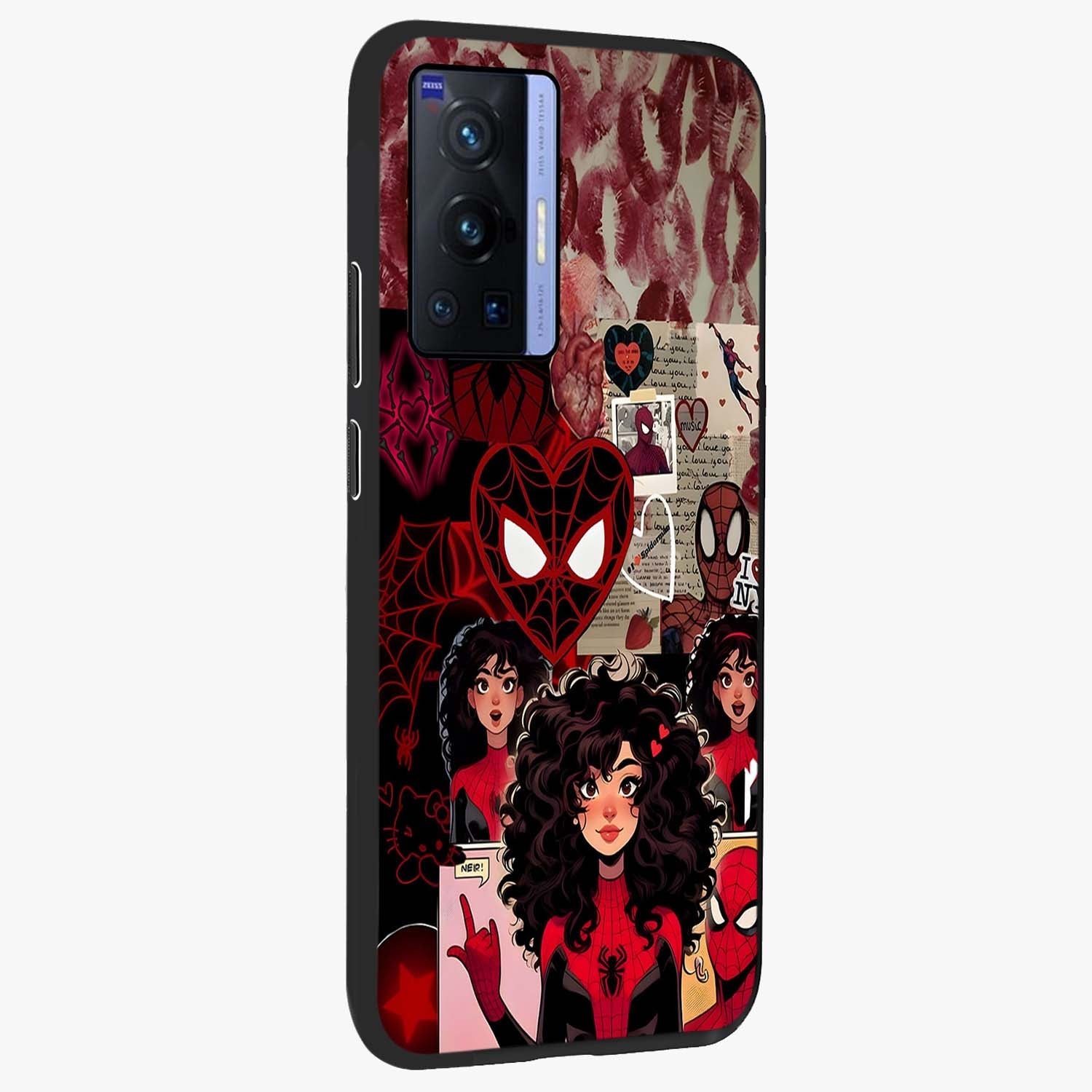 Spider Love Story Glass Case upright view showcasing charming superhero artwork with romantic comic theme.