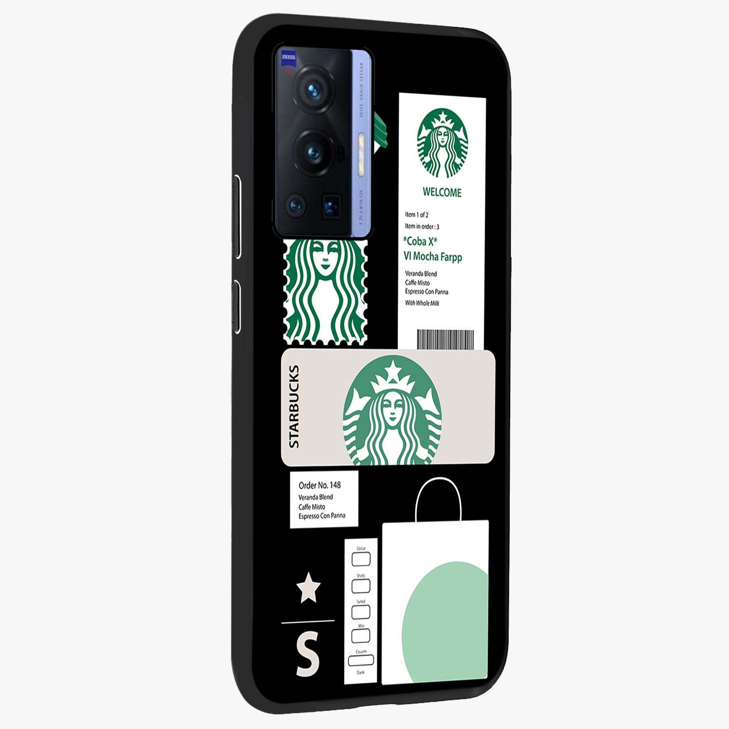 Starbucks Mocha Glass Case upright view showcasing trendy coffee inspired artwork with modern lifestyle theme.
