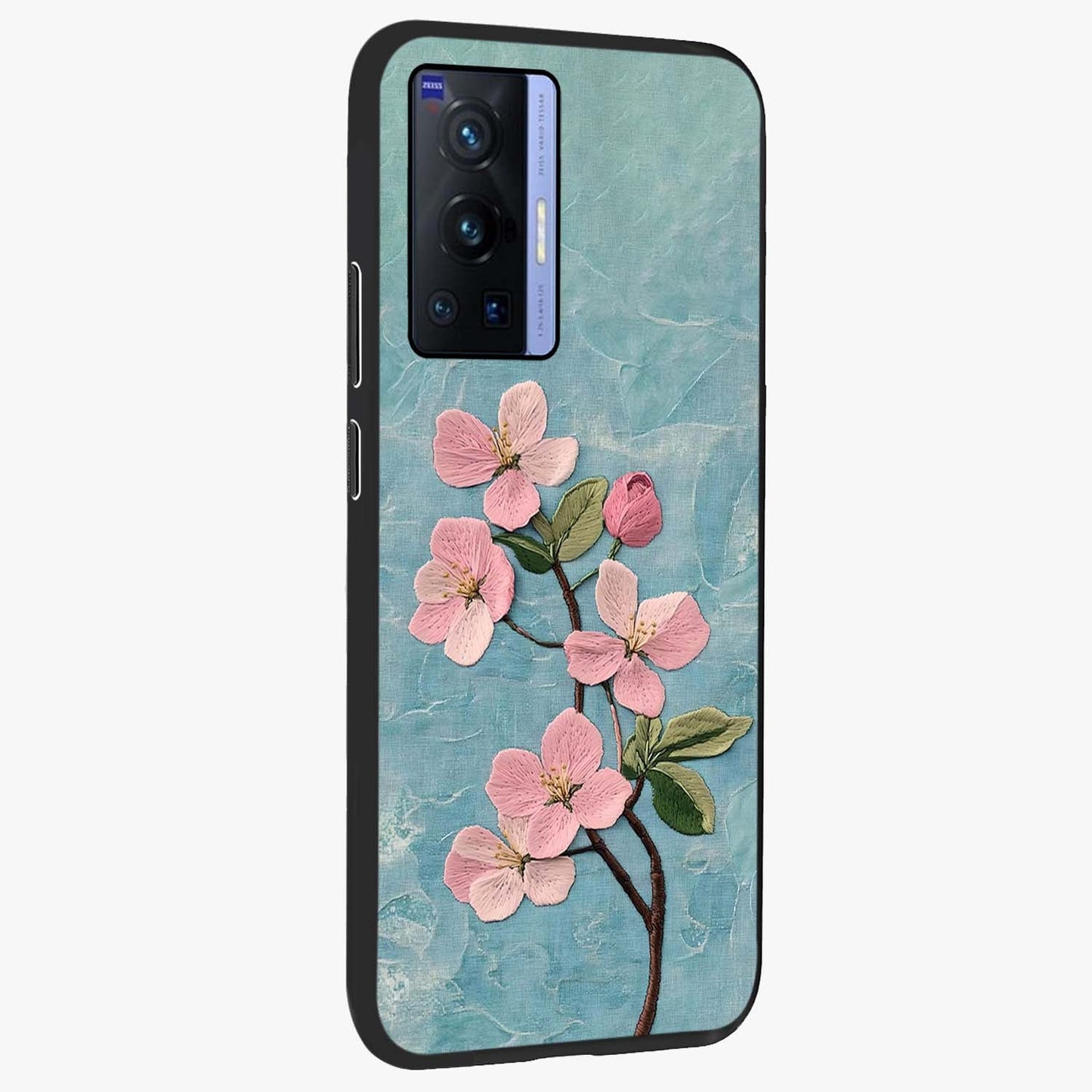 Threaded Blossom Breeze Glass Case upright view showcasing graceful flower artwork with calm botanical theme.