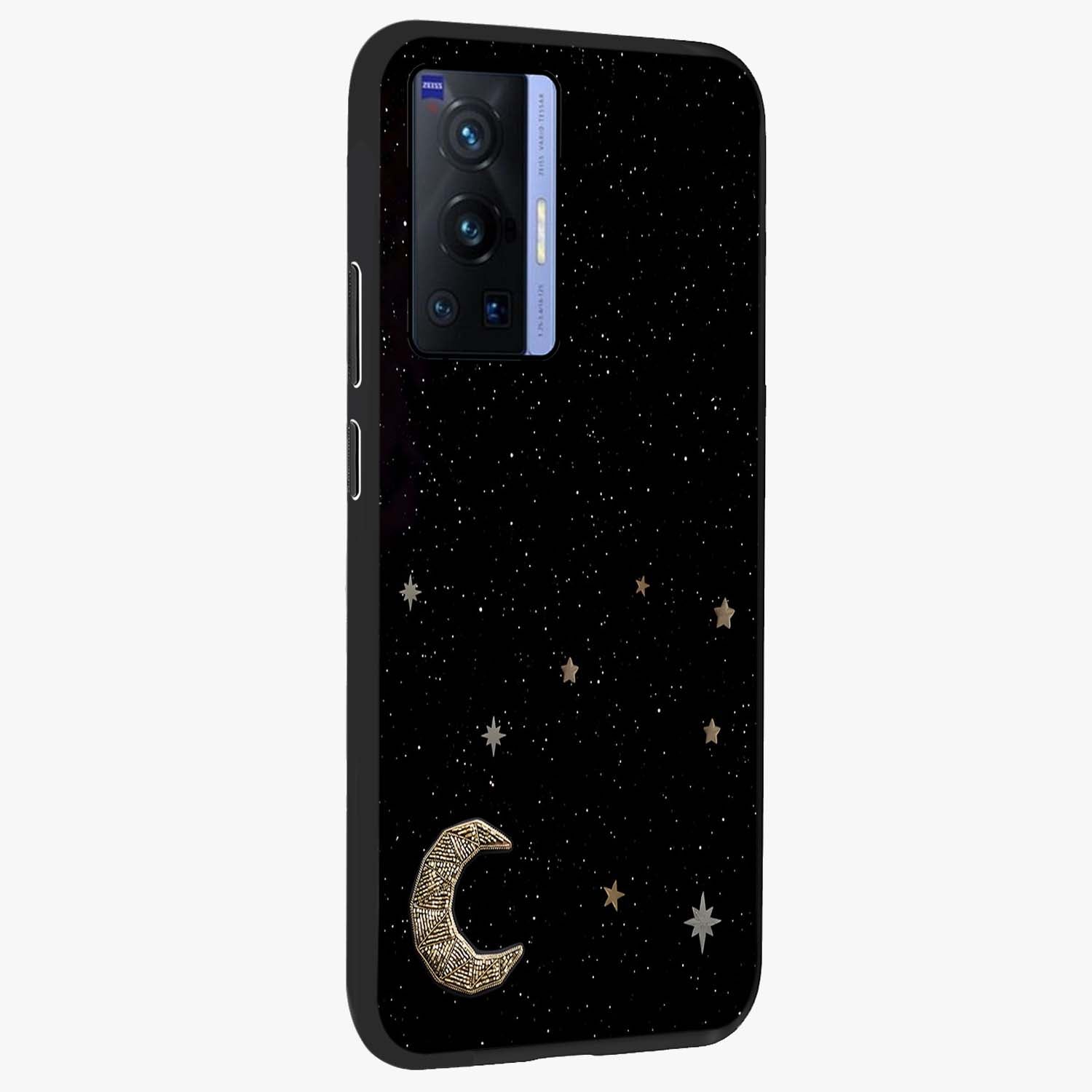 Twinkle Star With Half Moon Glass Case upright view showcasing glowing cosmic artwork with dreamy night theme.