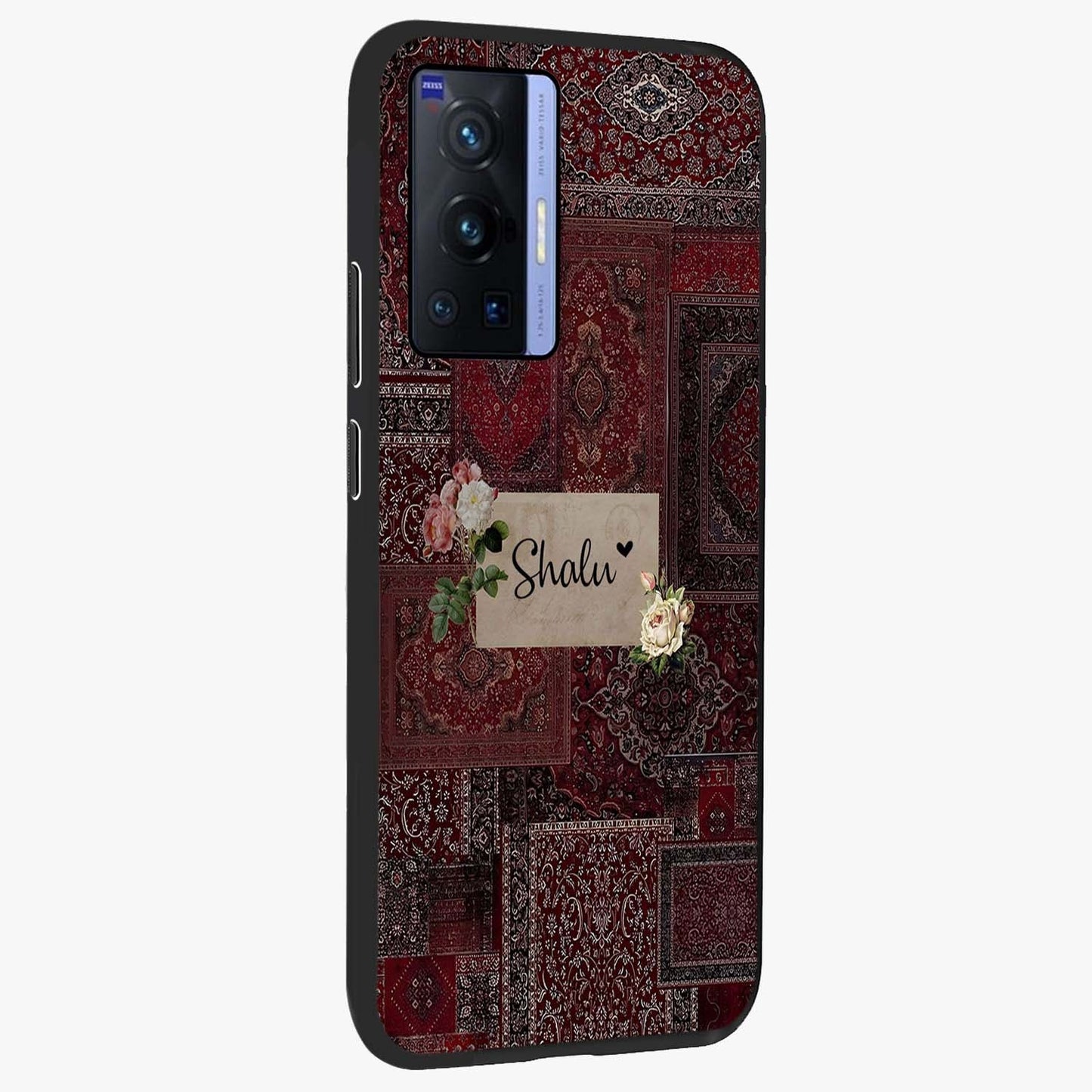 Velvet Wine Pattern Custom Name Glass Case upright view showcasing luxurious wine toned artwork with personalized aesthetic.