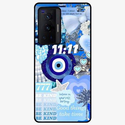 Aesthetic Be Kind Eye Glass Case showing flat back view with motivational eye artwork and glossy glass finish.
