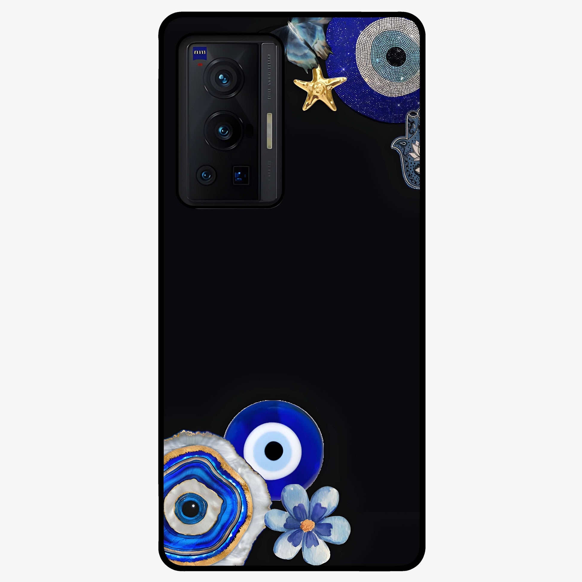 Aesthetic Blue Evil Eye Glass Case showing flat back view with protective evil eye artwork and glossy glass finish.