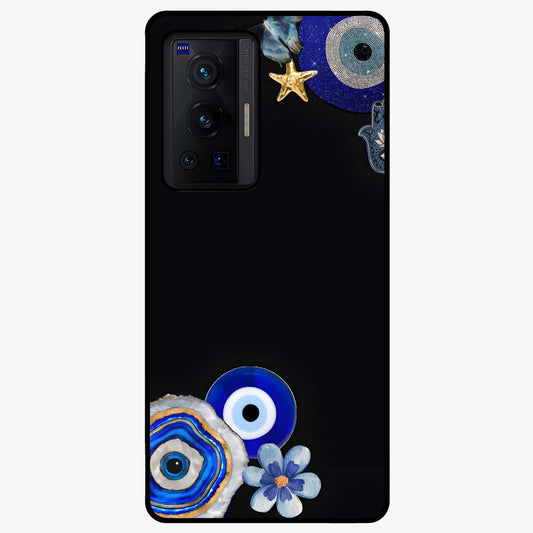 Aesthetic Blue Evil Eye Glass Case showing flat back view with protective evil eye artwork and glossy glass finish.
