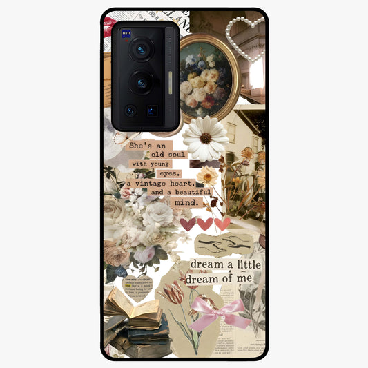 Aesthetic Brown Vintage Collage Glass Case showing flat back view with retro collage artwork and glossy glass finish.