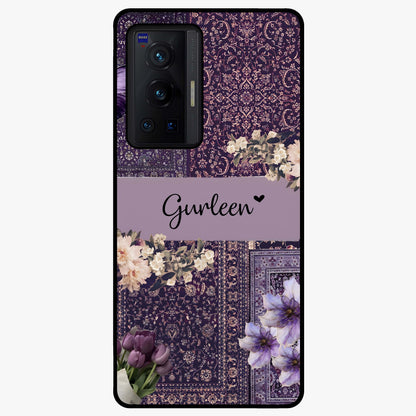 Antique Floral Whisper Custom Name Glass Case showing flat back view with vintage floral artwork and personalized name design.