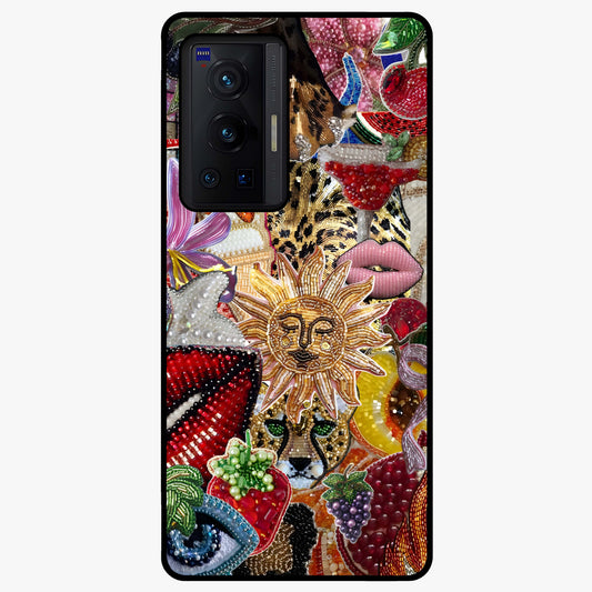 Beaded Fashion Jungle Glass Case showing flat back view with vibrant jungle inspired bead artwork and glossy glass finish.