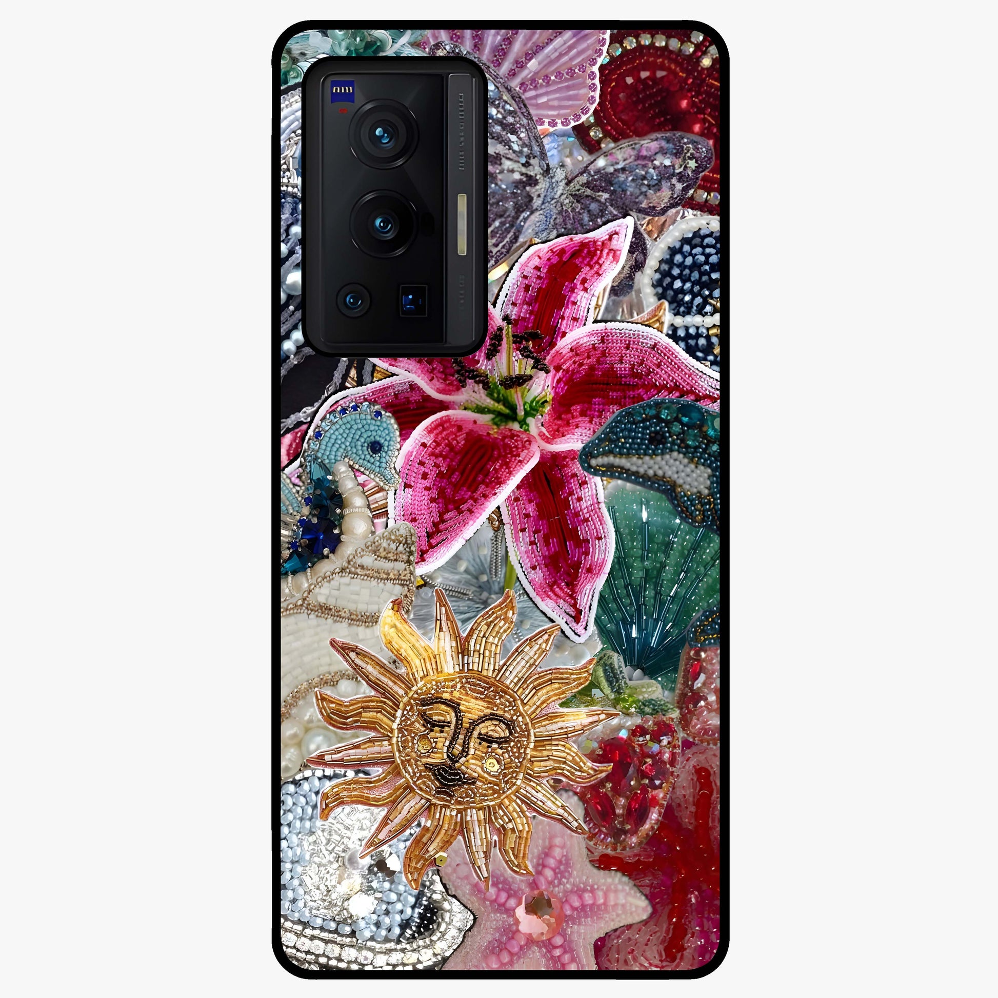 Beaded Garden Fantasy Glass Case showing flat back view with dreamy garden bead artwork and glossy glass finish.