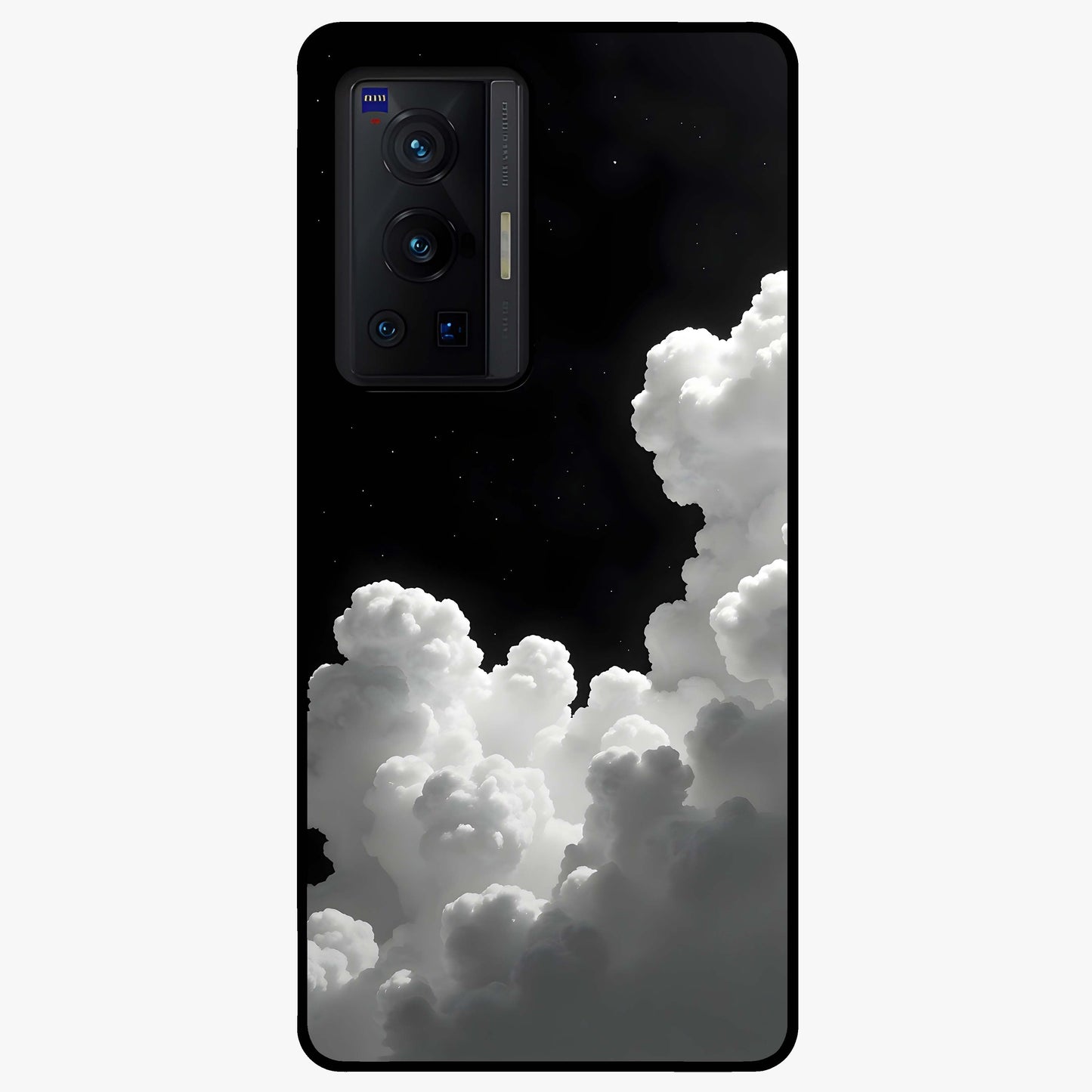 Black Background With White Cloud Glass Case showing flat back view with minimal cloud artwork on dark background and glossy glass finish.