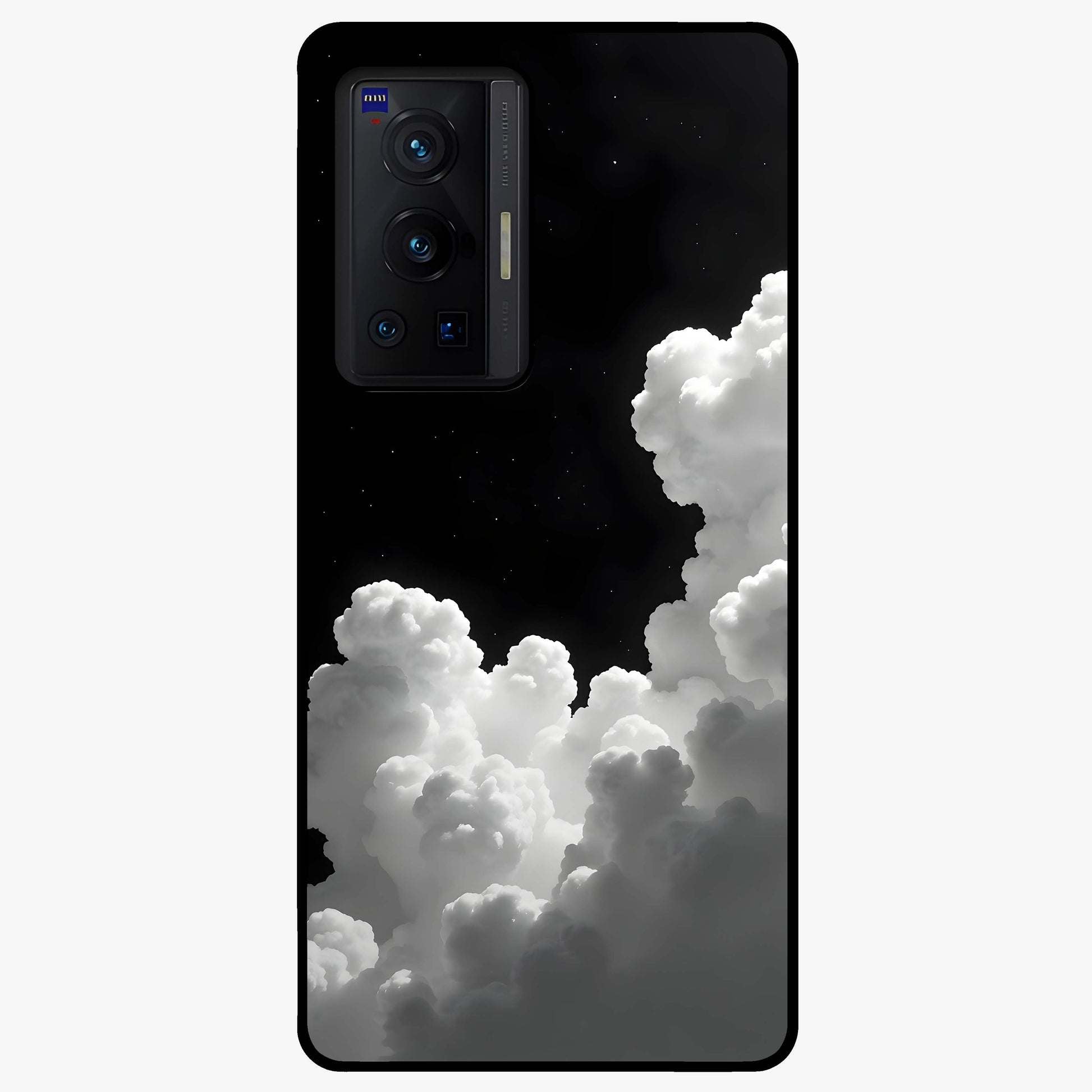Black Background With White Cloud Glass Case showing flat back view with minimal cloud artwork on dark background and glossy glass finish.