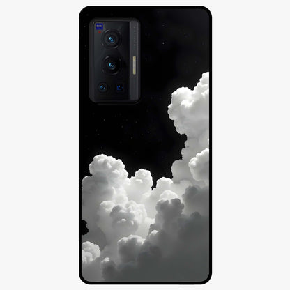 Black Background With White Cloud Glass Case showing flat back view with minimal cloud artwork on dark background and glossy glass finish.