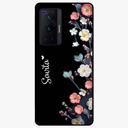 Black Elegance Floral Custom Name Glass Case showing flat back view with elegant floral artwork and personalized name design.