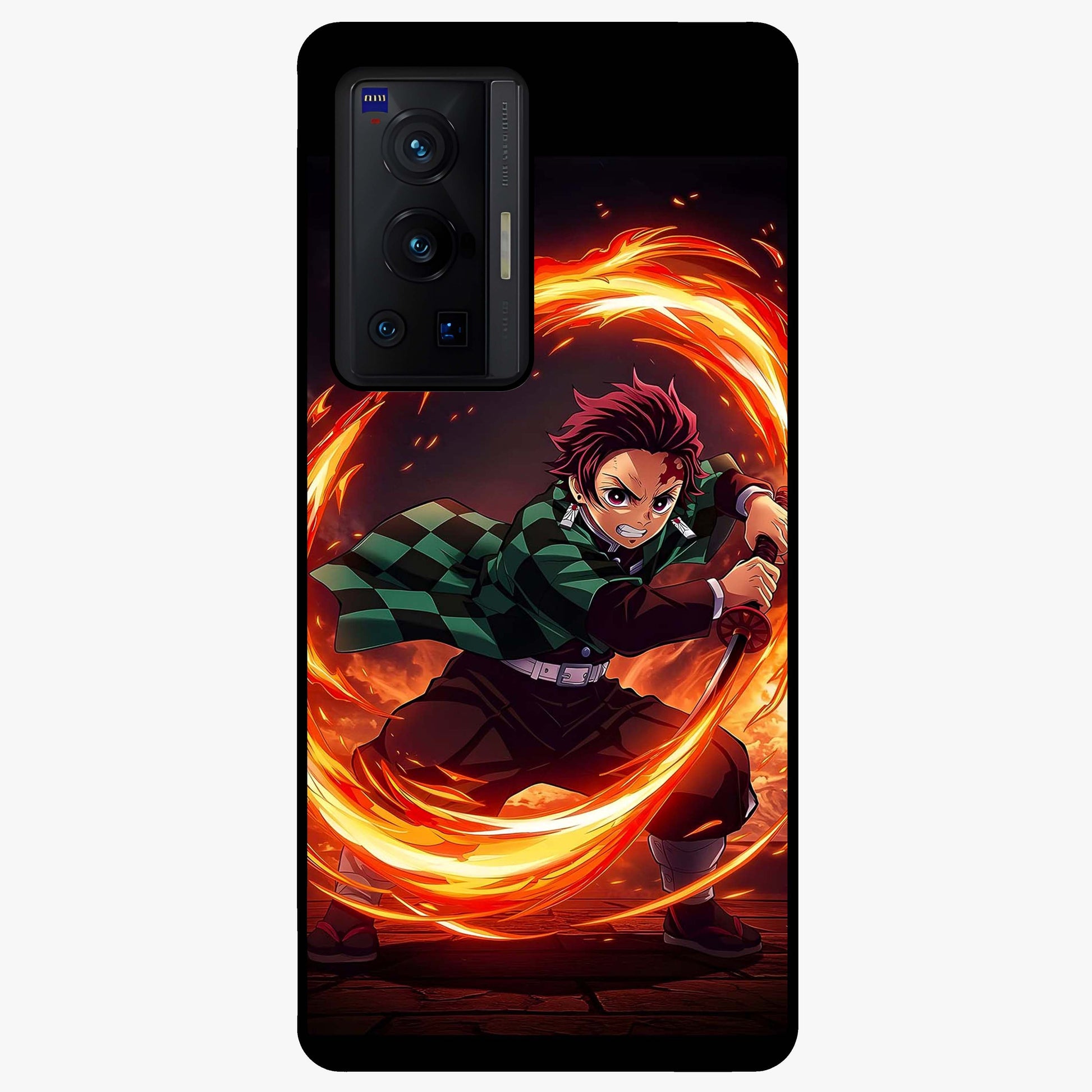 Blazing Sword Resolve Glass Case showing flat back view with fiery sword artwork and glossy glass finish.