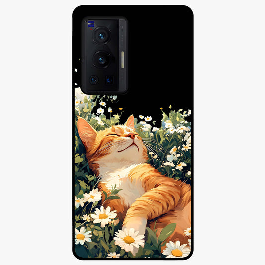 Blissful Bloom Cat Glass Case showing flat back view with cute cat and floral bloom artwork and glossy glass finish.
