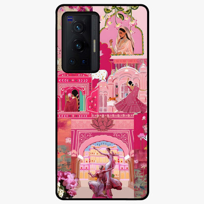 Blossoms of Rajasthan Glass Case showing flat back view with traditional floral artwork inspired by Rajasthan and glossy glass finish.