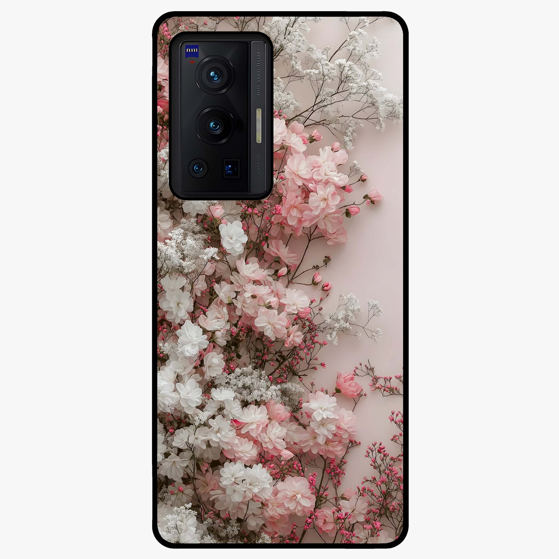Blush Blossom Cloud Glass Case showing flat back view with dreamy blush cloud blossom artwork and glossy glass finish.