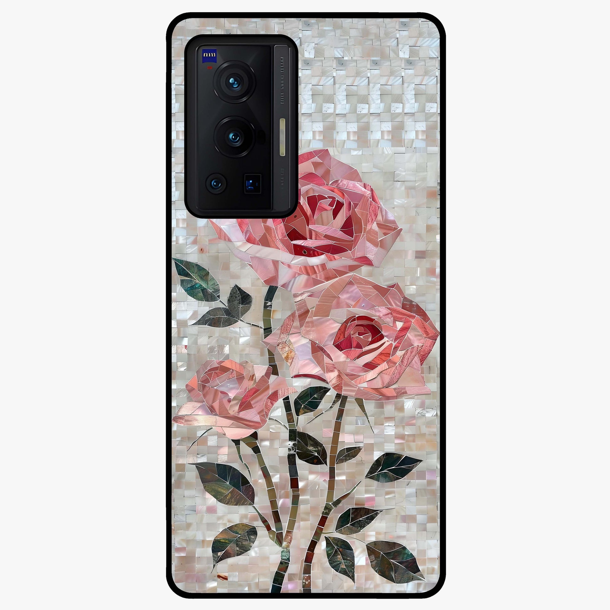 Blush Mosaic Bloom Glass Case showing flat back view with mosaic floral bloom artwork and glossy glass finish.