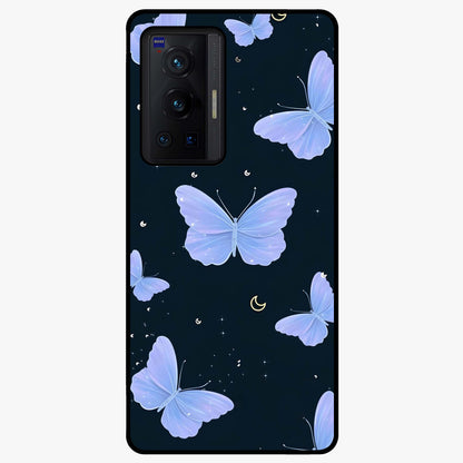 Butterfly With Stars Pattern Glass Case showing flat back view with butterfly and star pattern artwork and glossy glass finish.