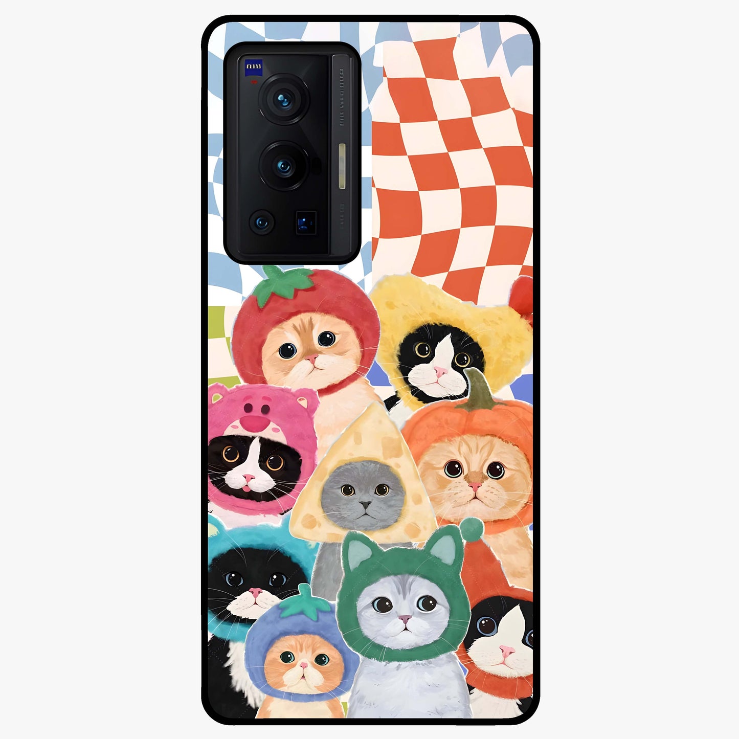 Cats in Fruits Glass Case showing flat back view with playful cat illustrations inside fruit artwork and glossy glass finish.