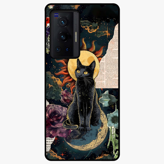 Celestial Black Cat Glass Case showing flat back view with mystical black cat artwork and glossy glass finish.