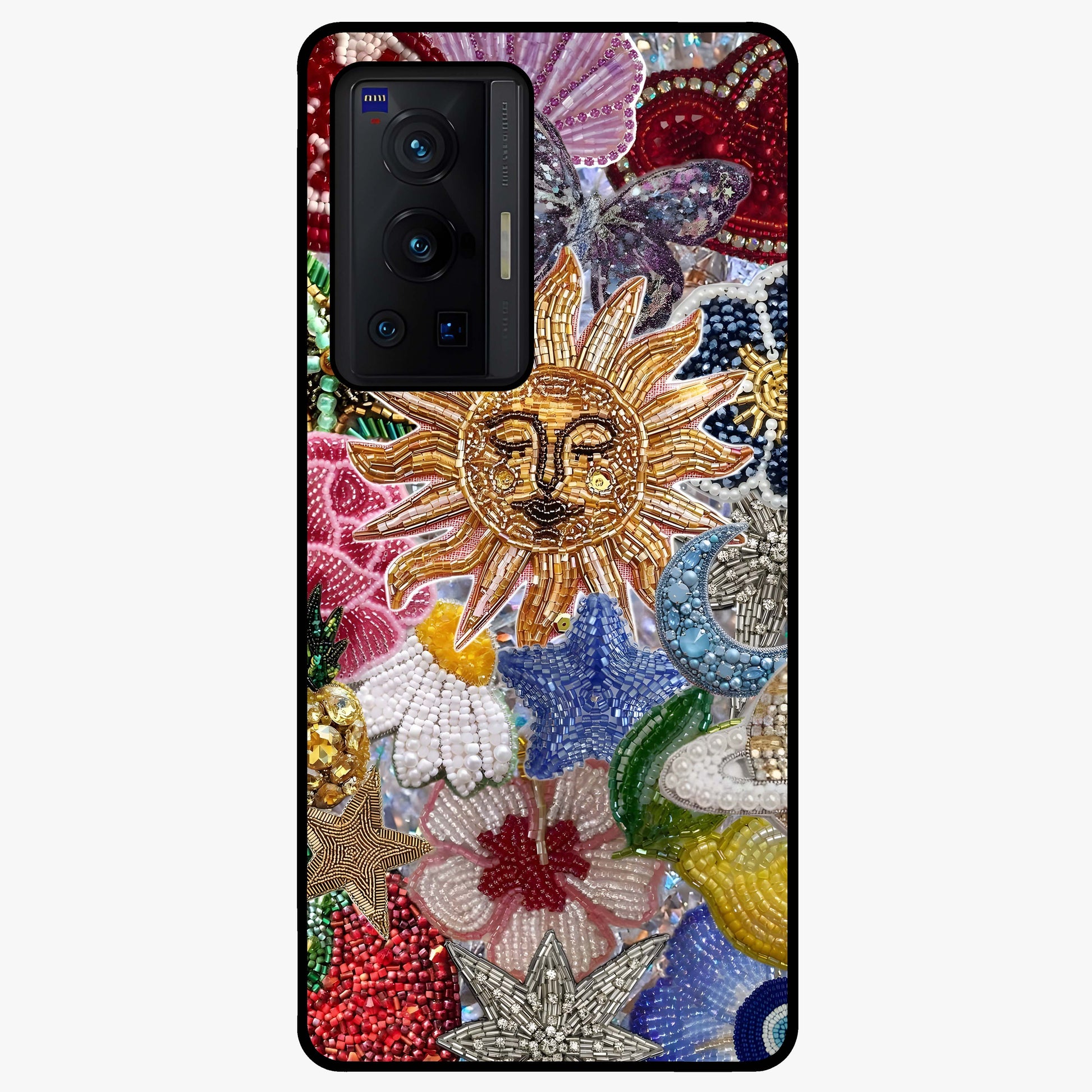 Celestial Floral and Playful Glass Case showing flat back view with floral and celestial themed artwork and glossy glass finish.