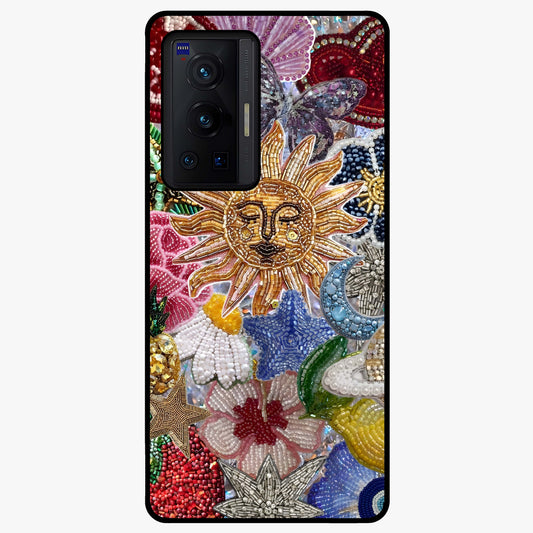 Celestial Floral and Playful Glass Case showing flat back view with floral and celestial themed artwork and glossy glass finish.