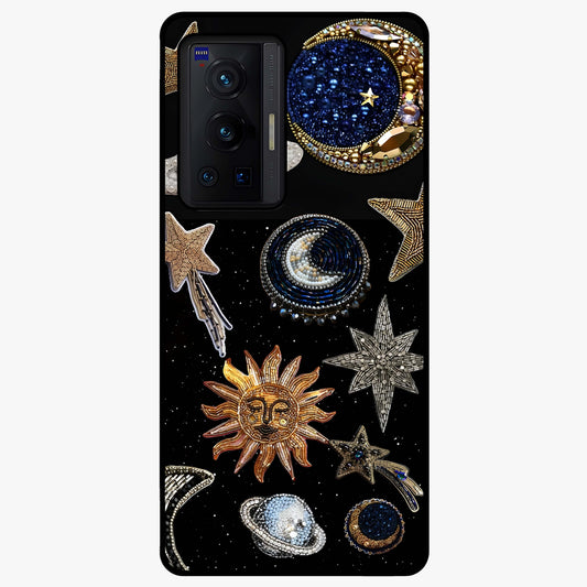 Celestial Gem Constellations Glass Case showing flat back view with sparkling constellation artwork and glossy glass finish.
