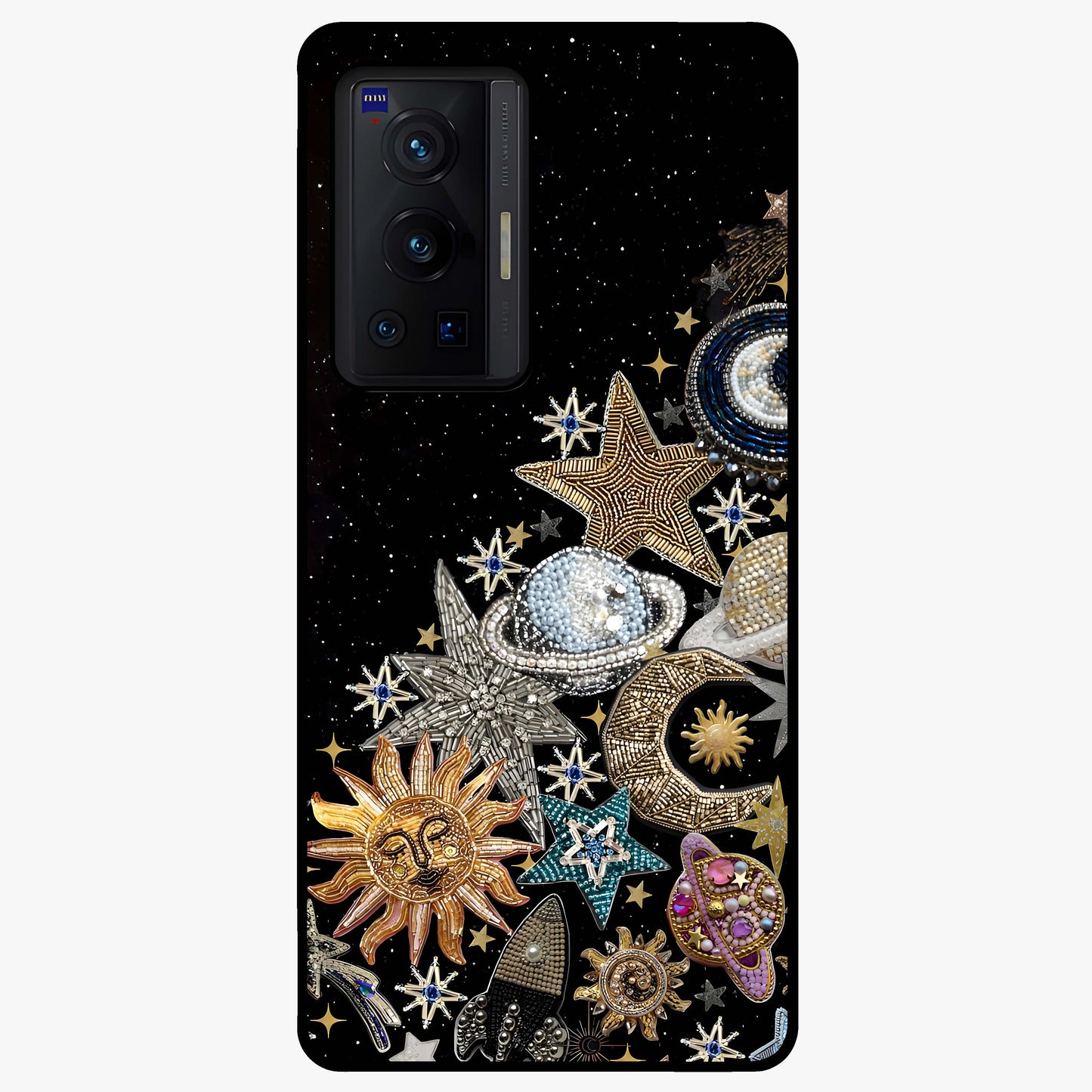 Cosmic Sparkle Dreams Glass Case showing flat back view with sparkling cosmic artwork and glossy glass finish.