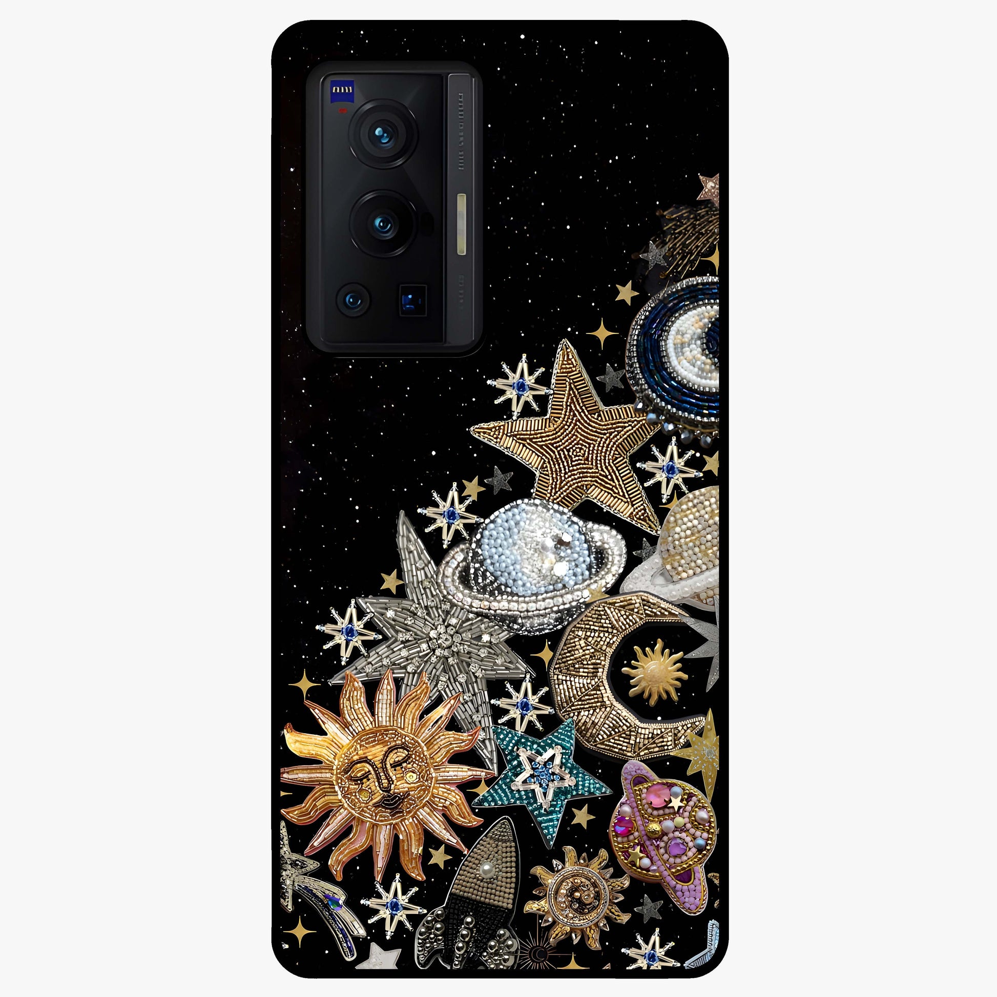 Cosmic Sparkle Dreams Glass Case showing flat back view with sparkling cosmic artwork and glossy glass finish.