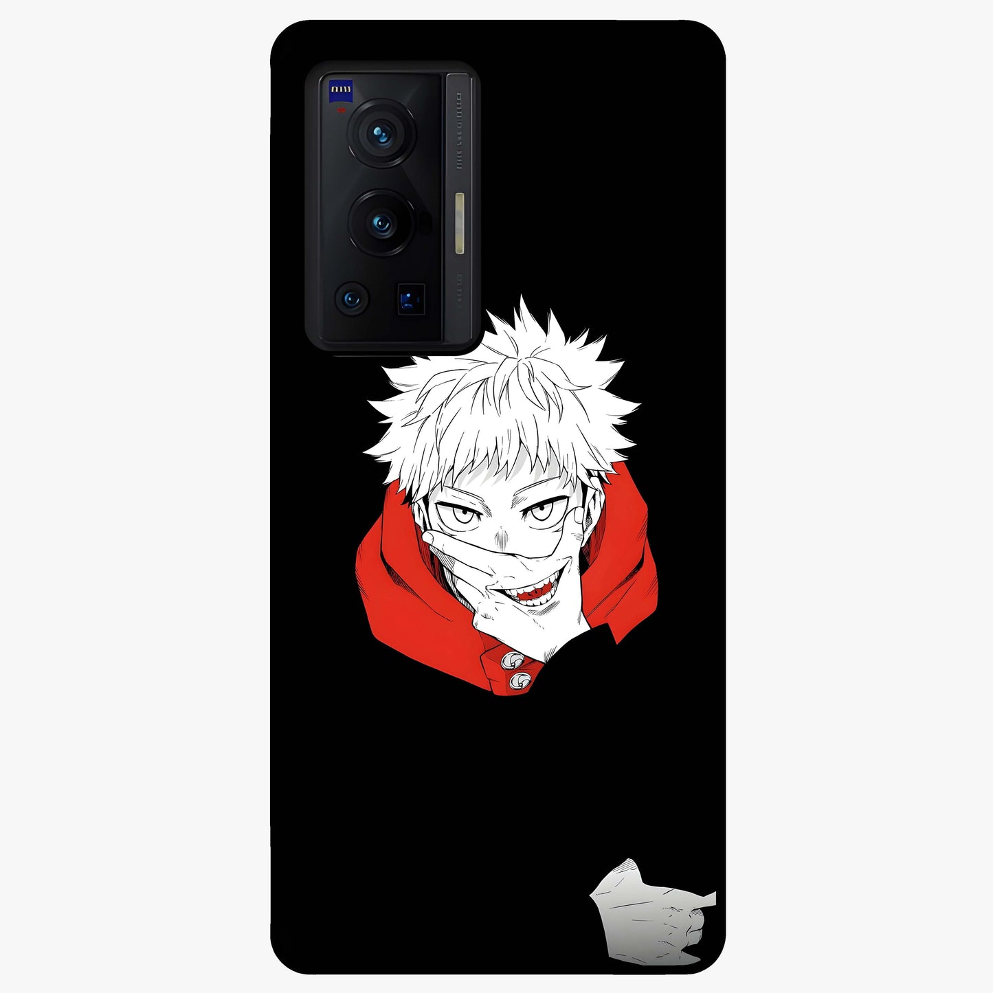 Crimson Chaos Smile Glass Case showing flat back view with bold chaotic smile artwork and glossy glass finish.