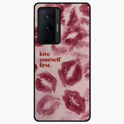 Crimson Kiss Love Glass Case showing flat back view with romantic crimson themed artwork and glossy glass finish.