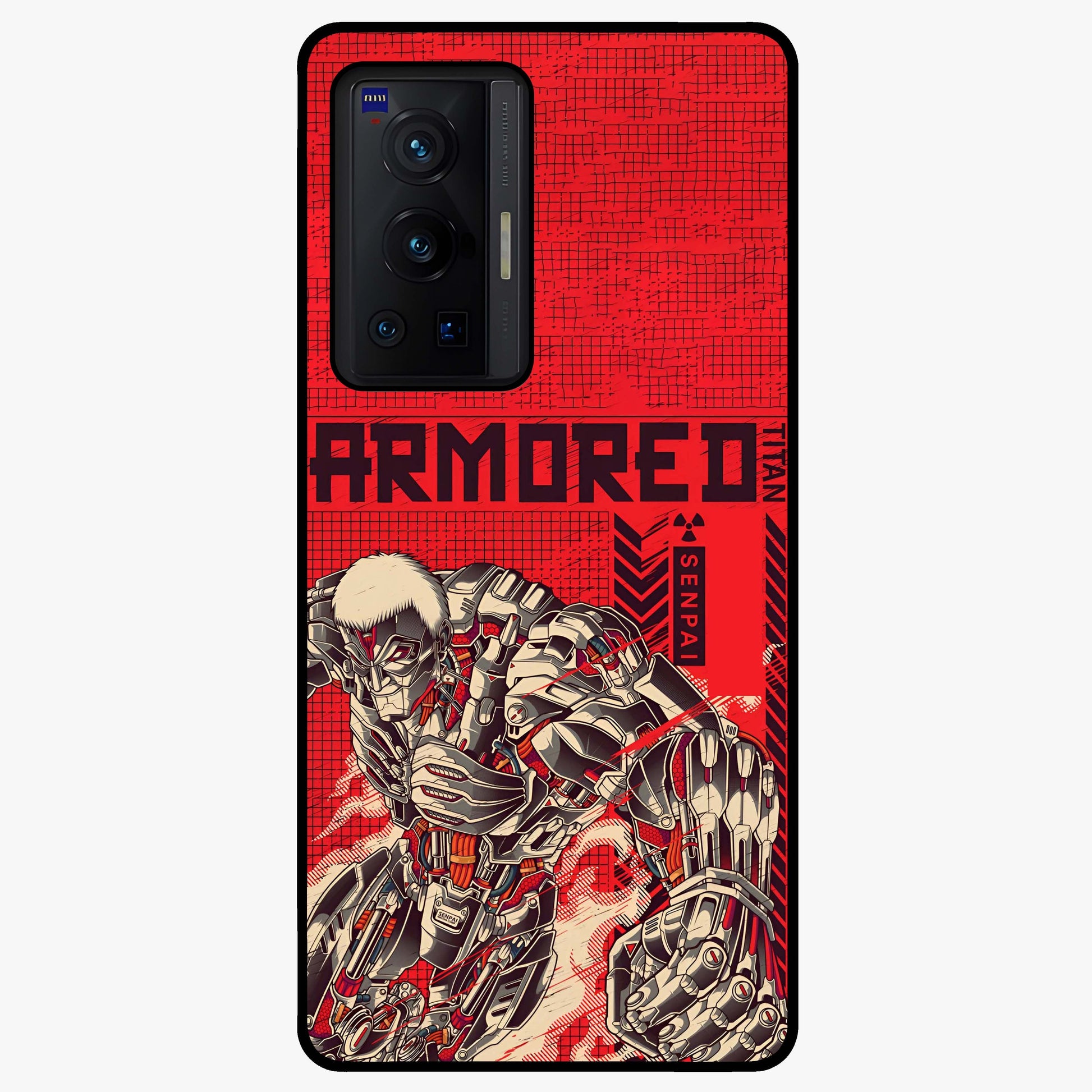 Crimson Mecha Titan Glass Case showing flat back view with powerful mech titan artwork and glossy glass finish.
