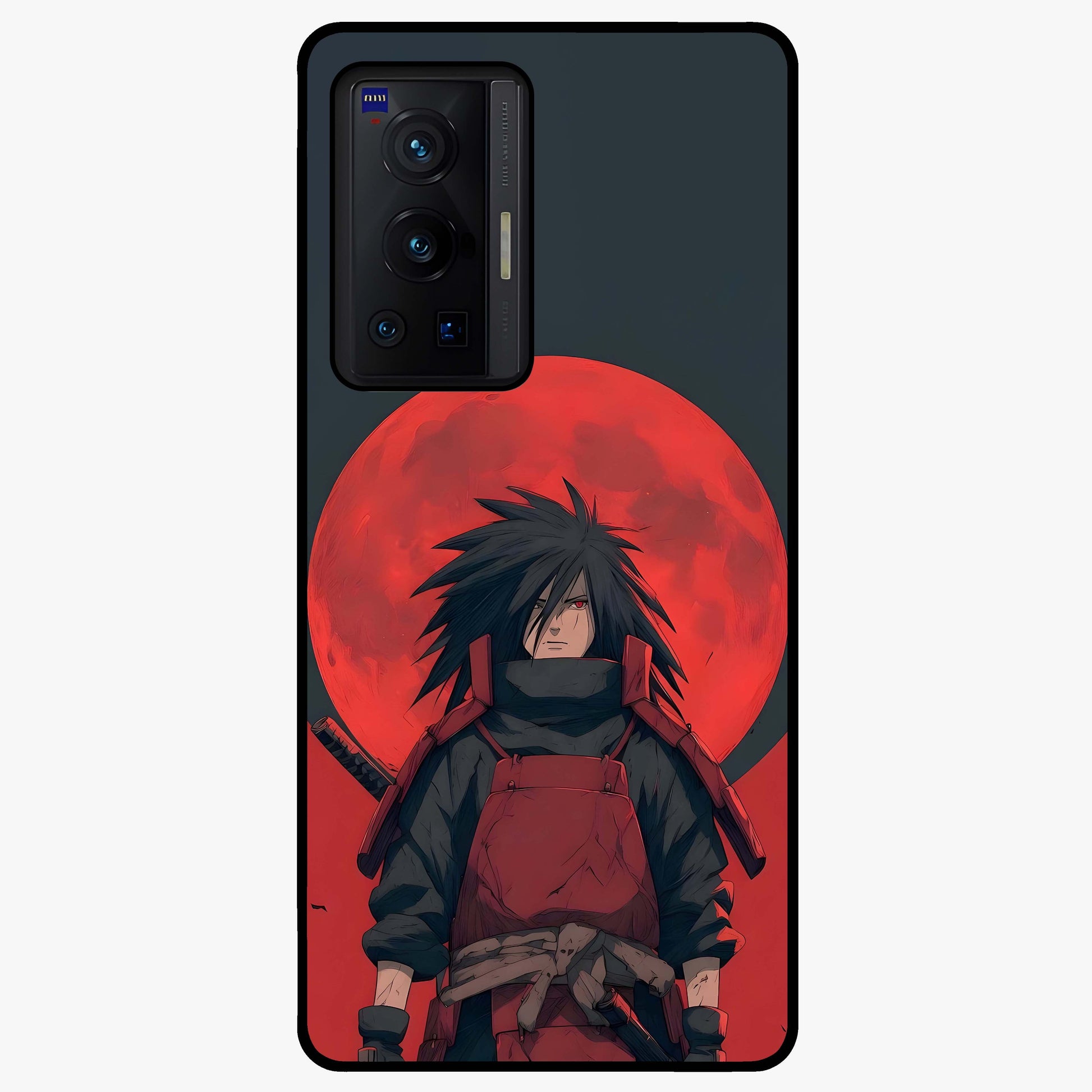 Crimson Moon Warlord Glass Case showing flat back view with mystical moon warrior artwork and glossy glass finish.