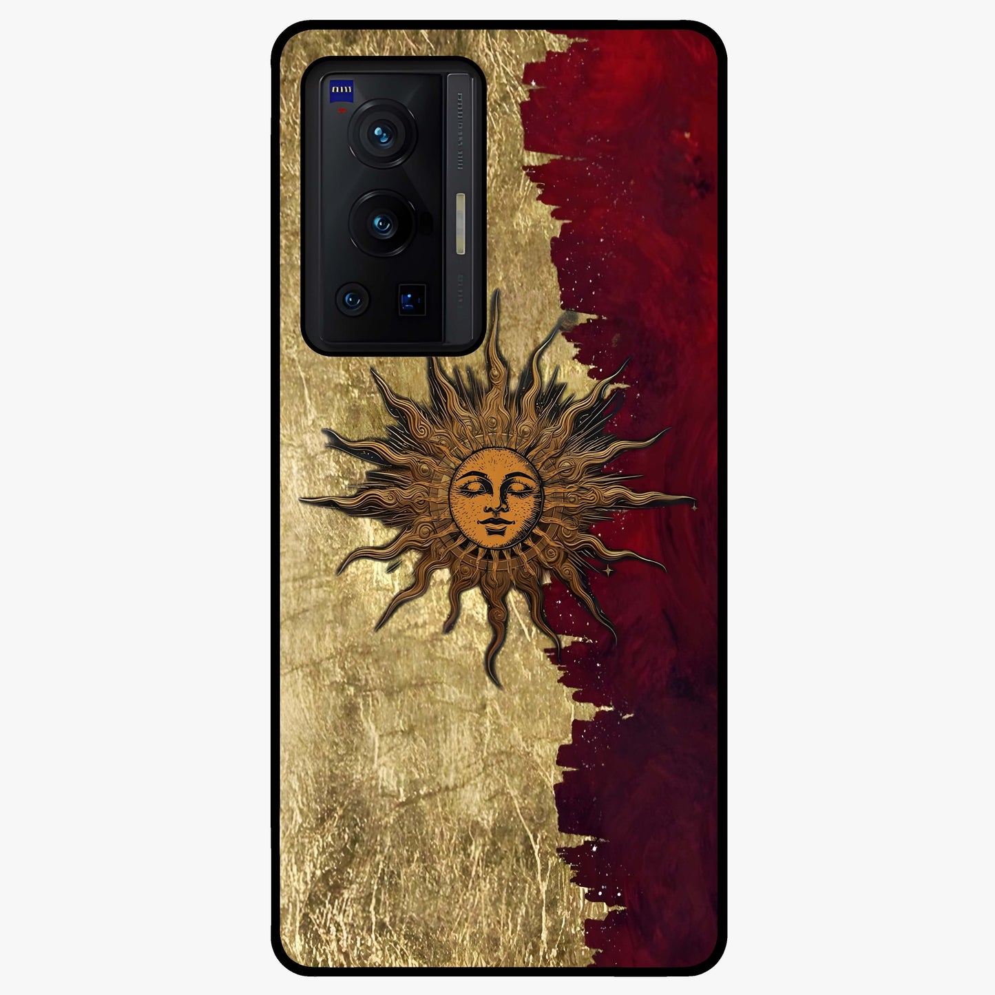Crimson Sun Majesty Glass Case showing flat back view with radiant sun inspired artwork and glossy glass finish.