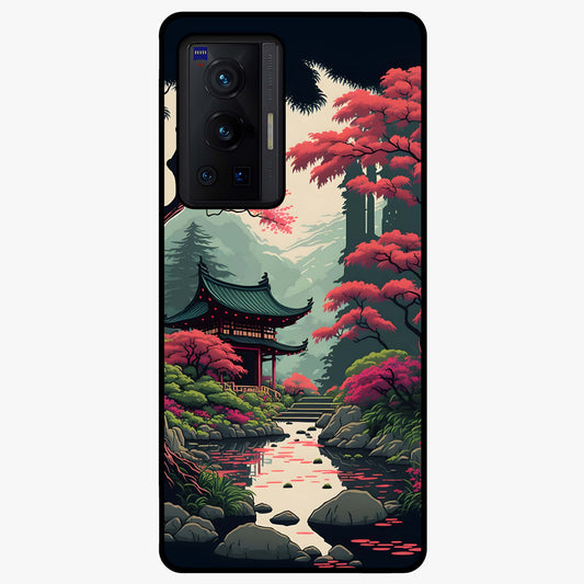 Crimson Temple View Glass Case showing flat back view with temple inspired artwork and glossy glass finish.