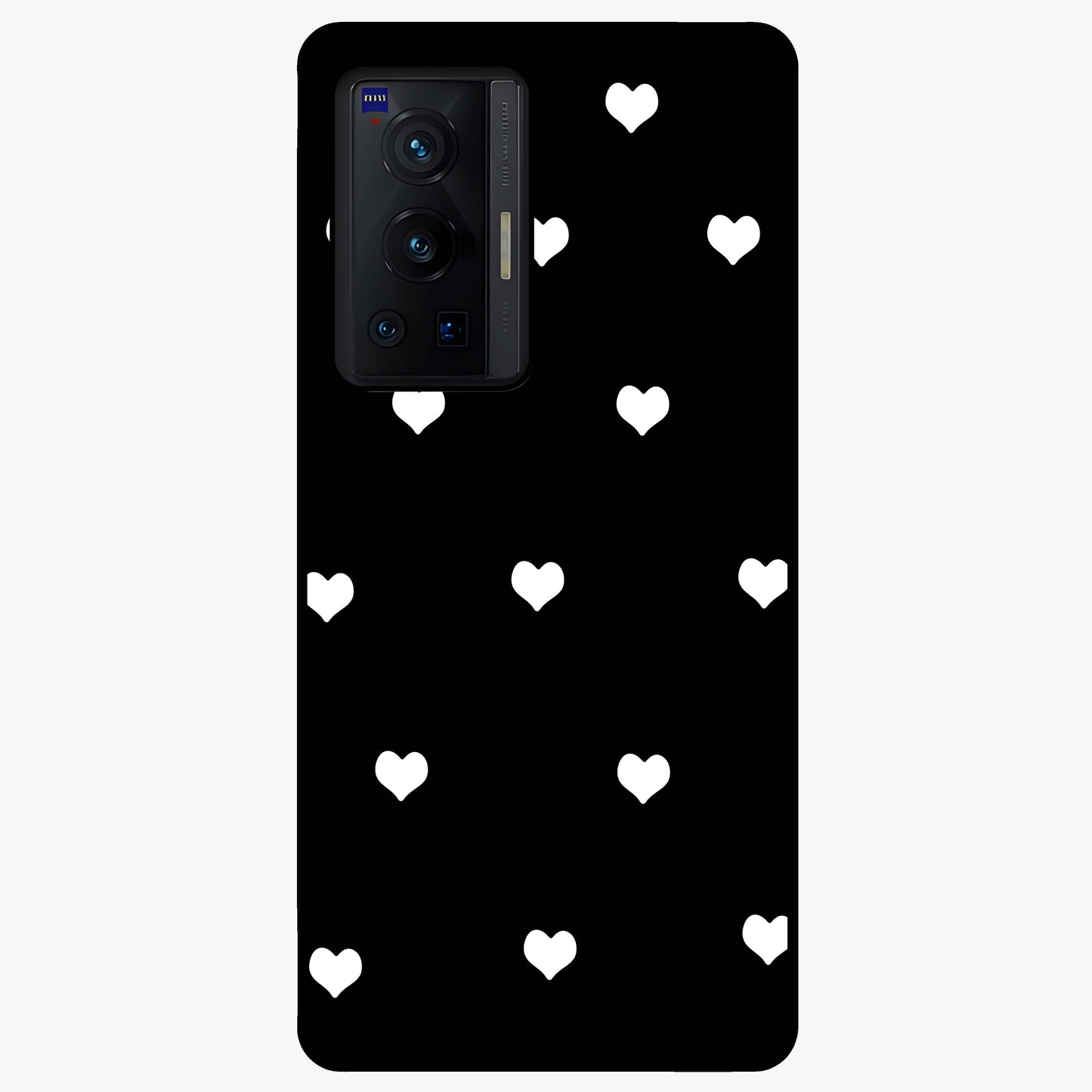 Cute And Simple White Hearts Glass Case showing flat back view with minimal white heart pattern and glossy glass finish.