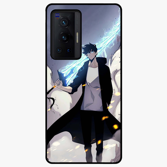 Dark Lightning Anime Warrior Glass Case showing flat back view with intense anime warrior artwork and glossy glass finish.