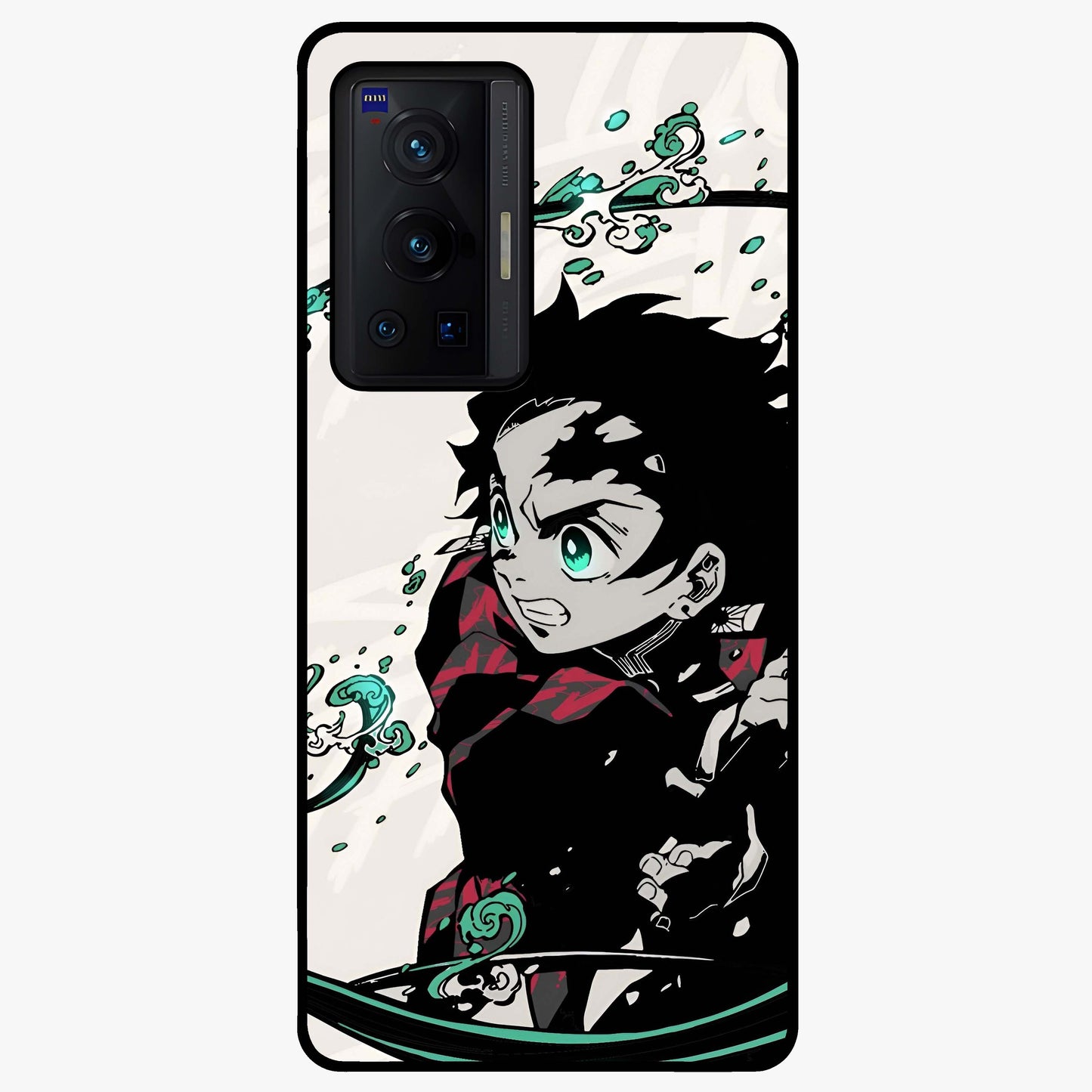 Demon Slayer Glass Case showing flat back view with bold anime inspired artwork and glossy glass finish.