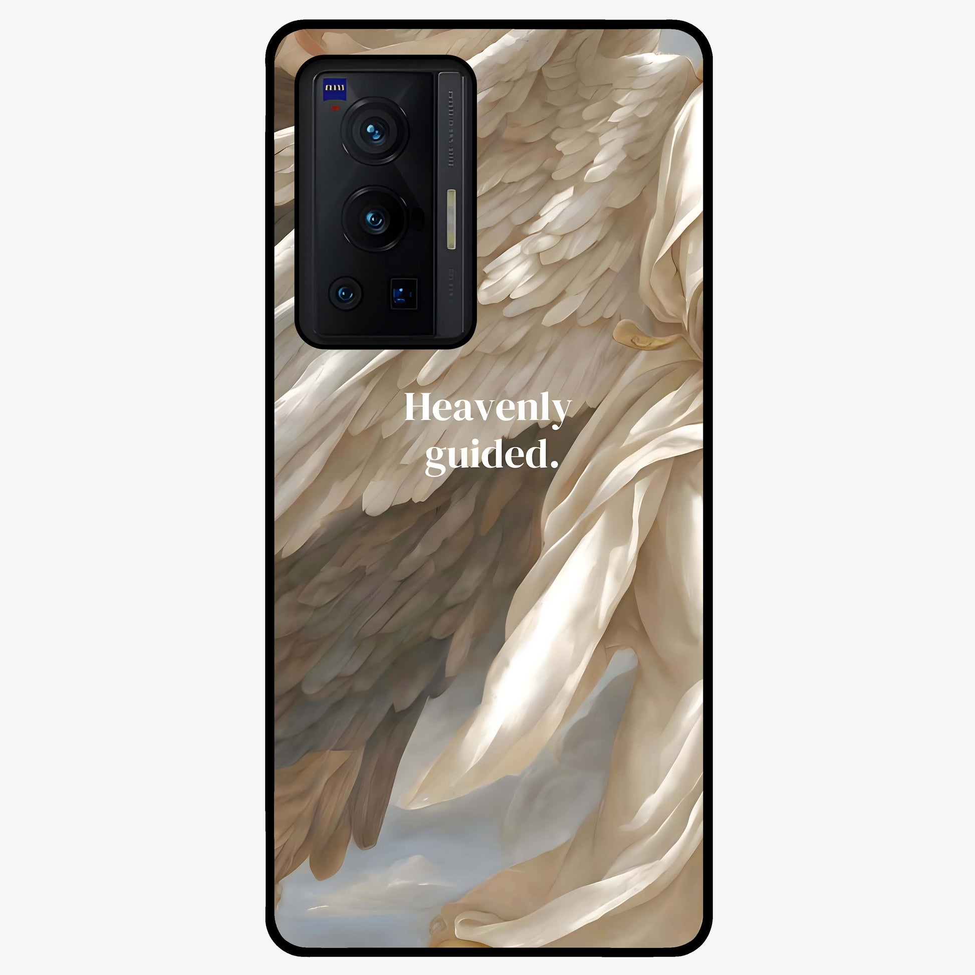 Divine Winged Grace Glass Case showing flat back view with elegant wing inspired artwork and glossy glass finish.