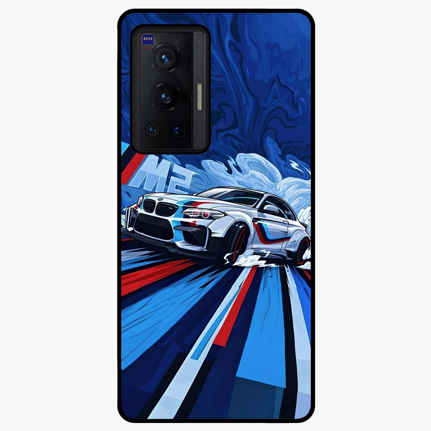 Drift Power Rush Glass Case showing flat back view with dynamic racing inspired artwork and glossy glass finish.